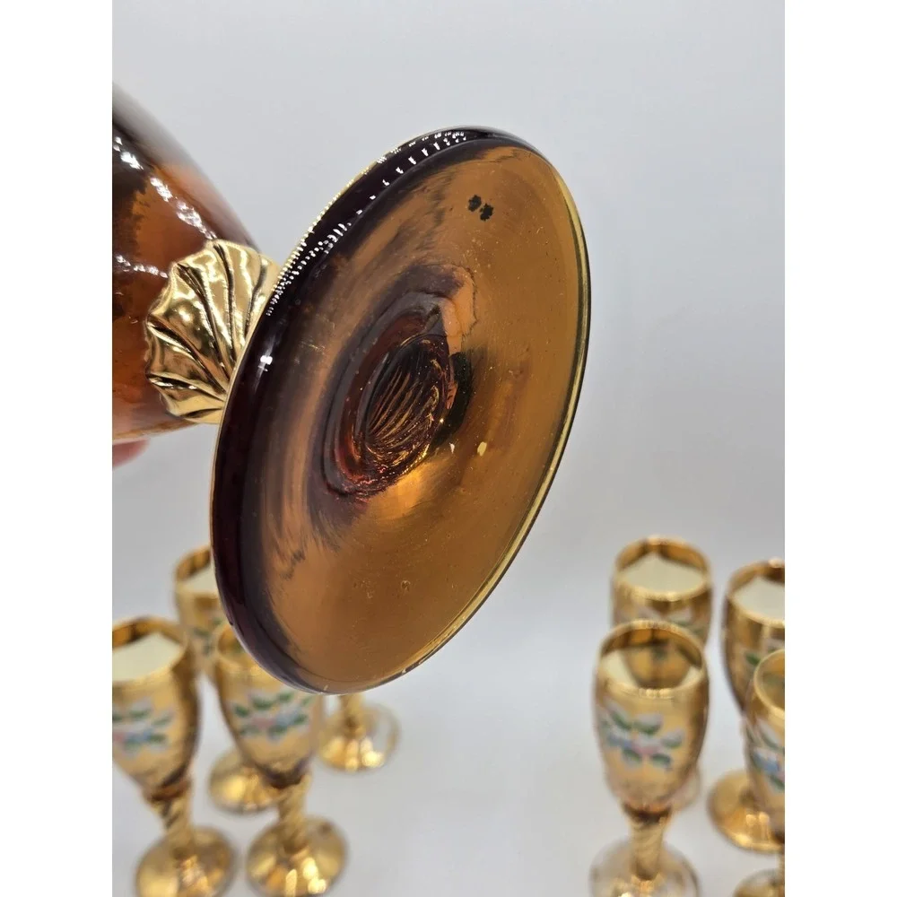 Vintage‎ Italian Venetian Gilt Glass Liquor Decanter Set Enamel Cordial Glasses